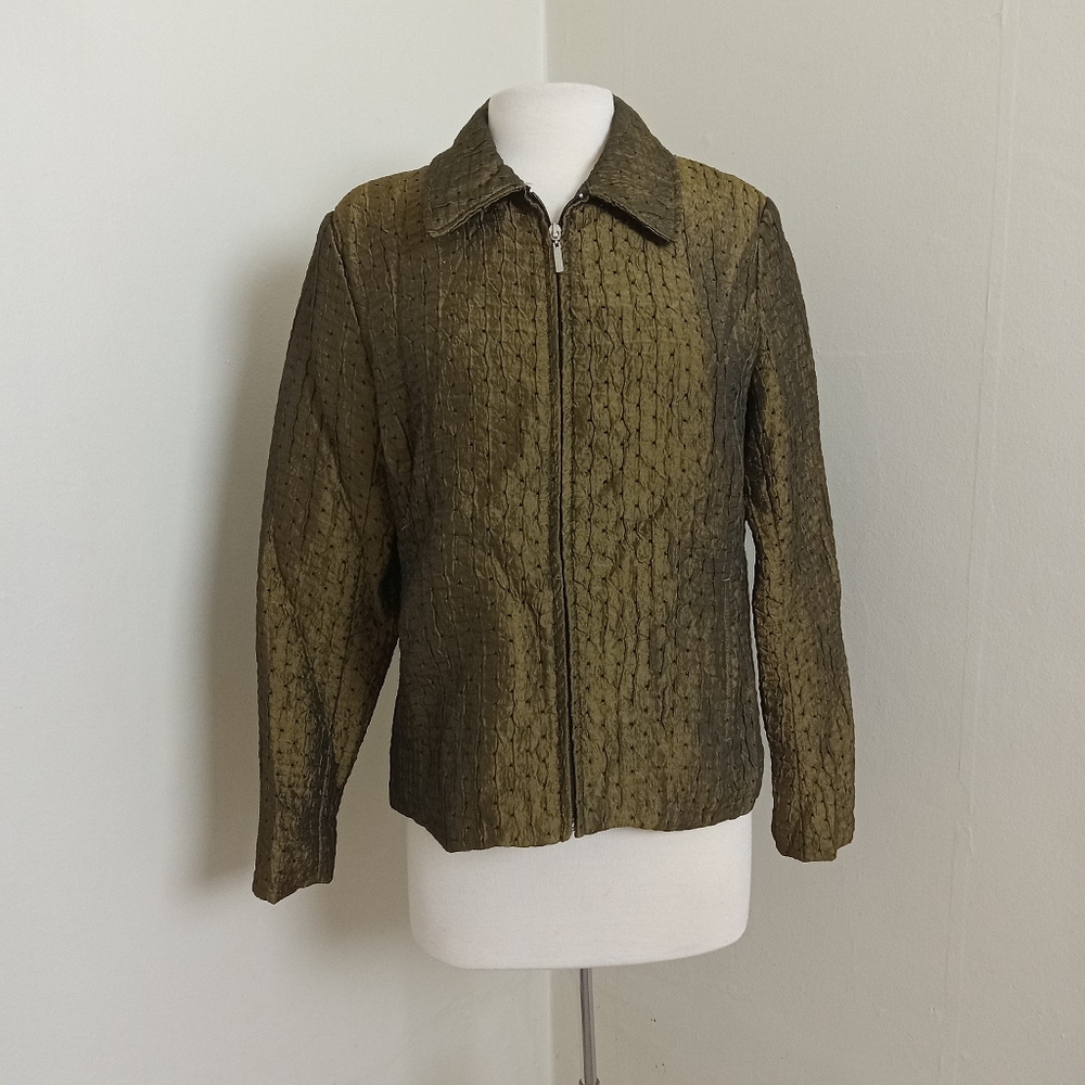 Olive Green Polyester Blend Textured Satin Fully Lined Zip-Up Jacket Size Medium